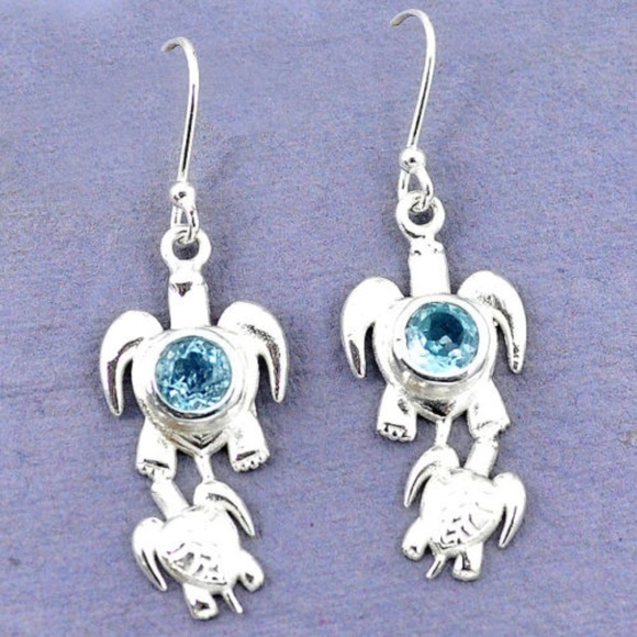 Jewelry - Blue Topaz Sterling Sea Turtle Earrings